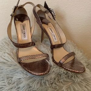 Jimmy Choo London Strappy Bronze Sling back heels.